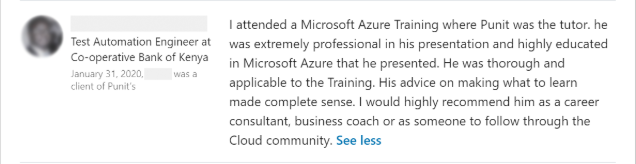 Client feedback 3 praising Punit Kukreja for training