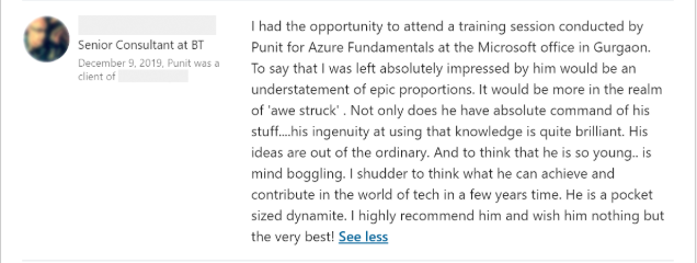 Client feedback 8 praising Punit Kukreja for training