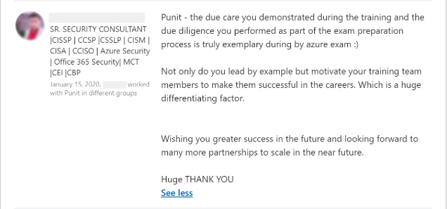 Client feedback 13 praising Punit Kukreja for training