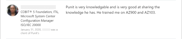 Client feedback 20 praising Punit Kukreja for training