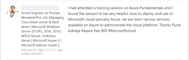 Client feedback 31 praising Punit Kukreja for training